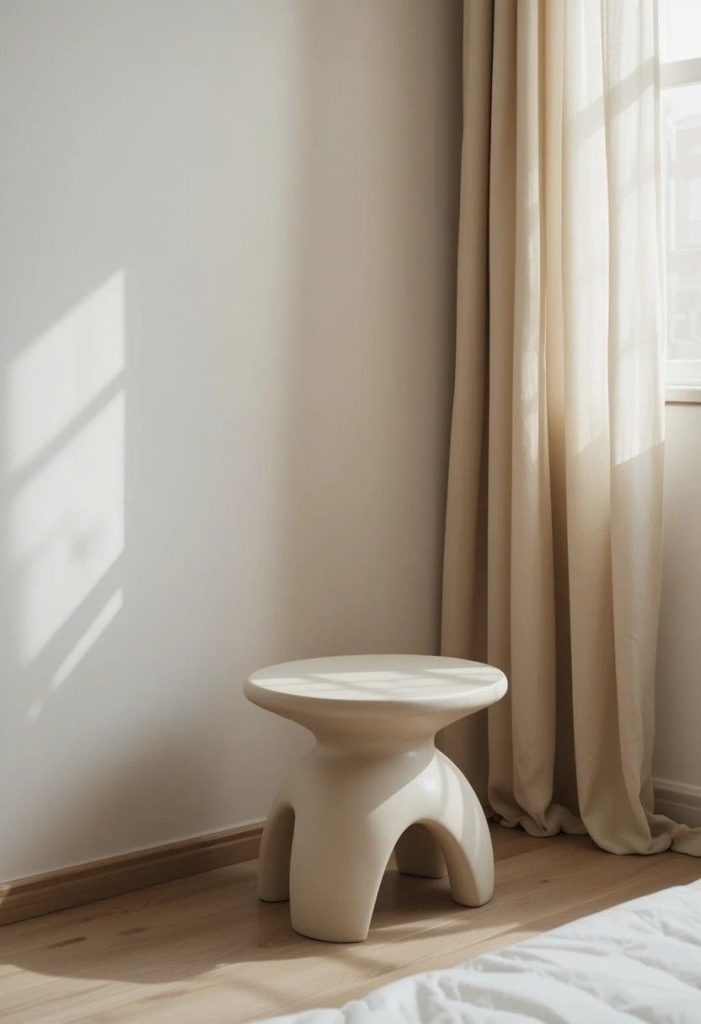 Low minimalist oak nightstand styled with a linen lamp, a book, and a stoneware cup in a Japandi bedroom.