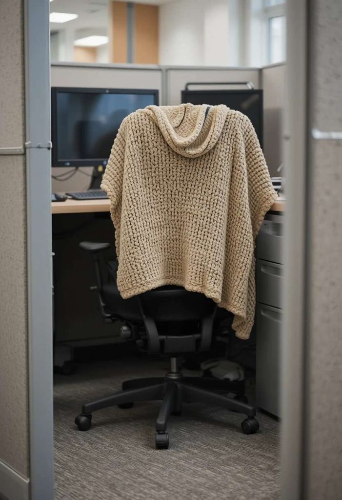 Oat colored chunky knit throw folded over the back of an office chair at a cubicle workstation
