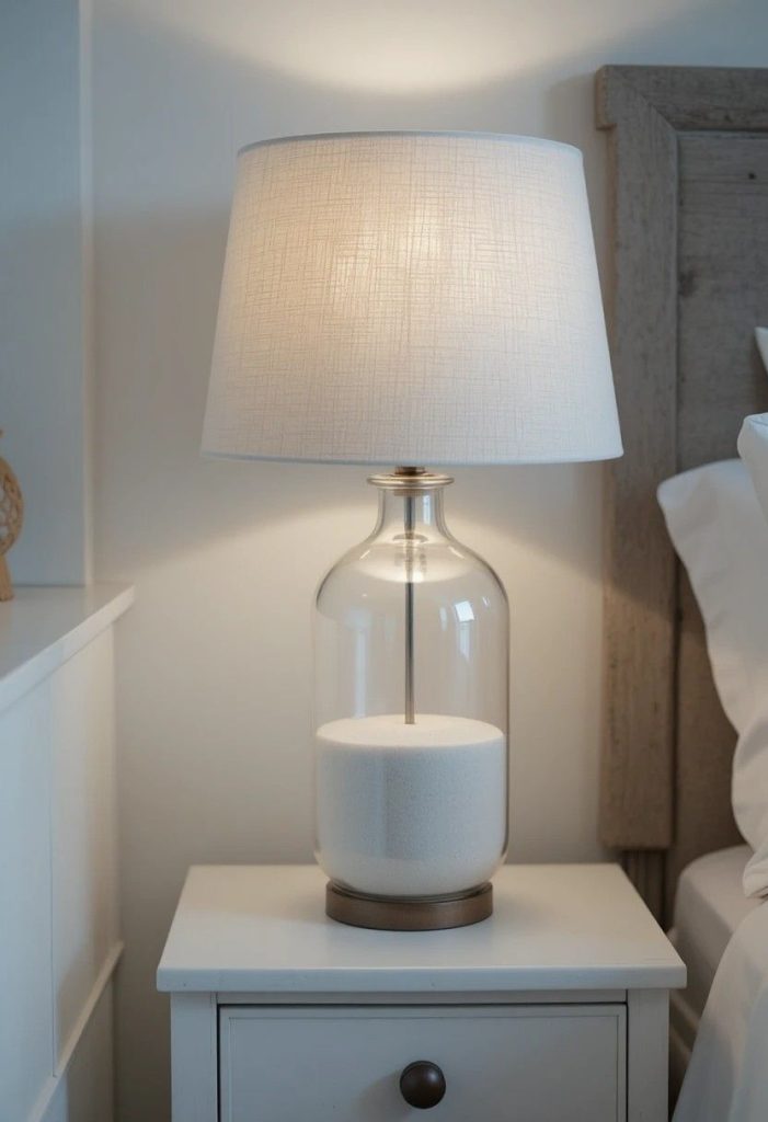 Clear glass lamp filled with white beach sand and a cream linen shade glowing on a coastal nightstand.