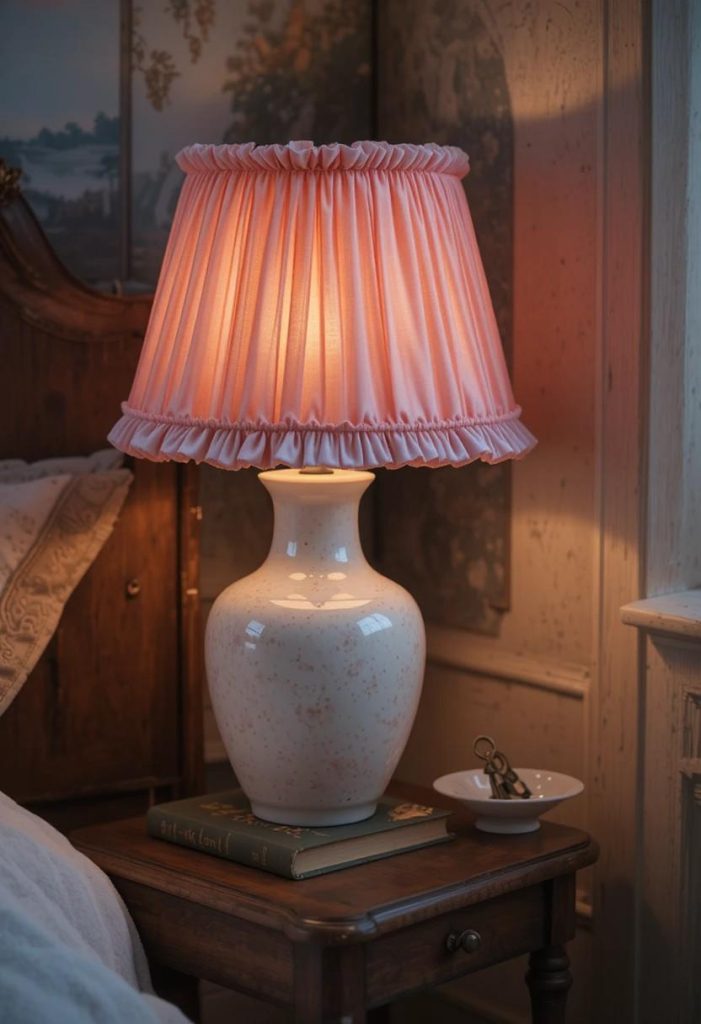 Whimsical bedside lamp with a soft pink ruffled pleated shade on a vintage book stack and bobbin table.
