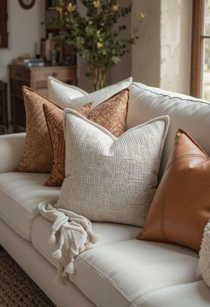 Layered throw pillows in linen, boucle, kilim, and aged leather on a cream linen sofa in a Tuscan living room.