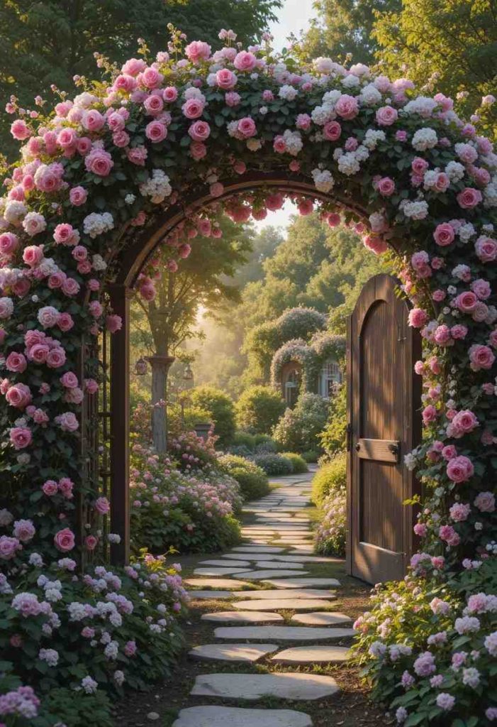 Circular wooden moon gate covered in pink climbing roses and white jasmine opening to a lush garden beyond