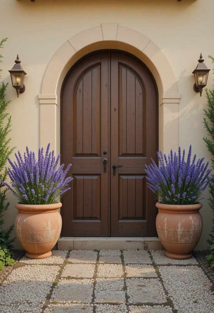Pair of weathered terracotta pots with lavender flanking the arched wooden entry of a Tuscan home with cream stucco walls.