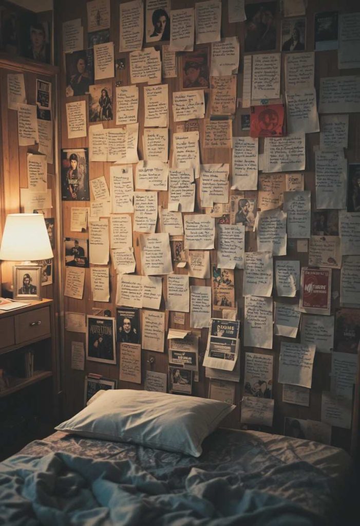 Grunge wall layered with handwritten lyrics on torn notebook paper and printed setlists