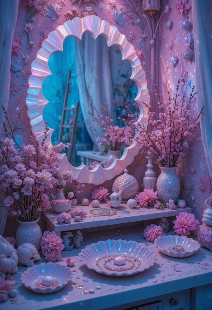 Mermaidcore vanity corner with iridescent pearl accents, scalloped mirror, and shell-shaped trays