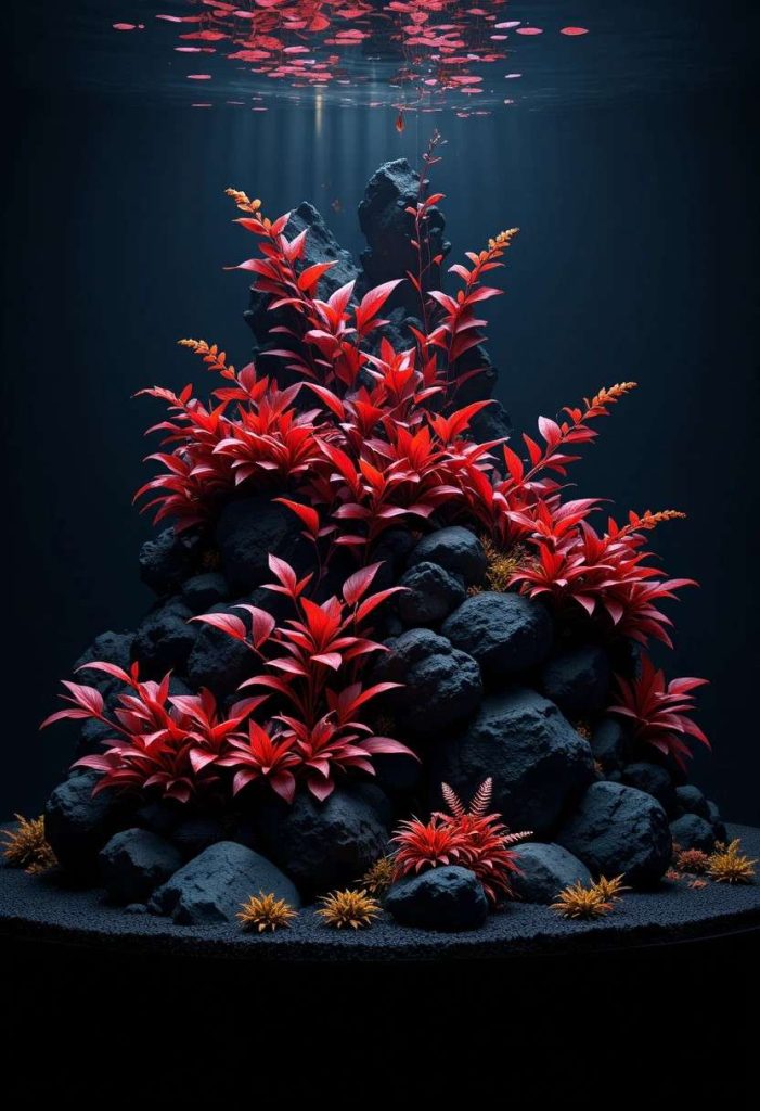 Moody dark stone aquascape with bright red Ludwigia and Rotala plants for dramatic contrast