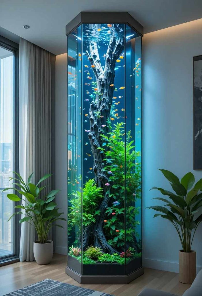 Tall hexagonal aquarium with driftwood centerpiece and a vertical school of neon tetras