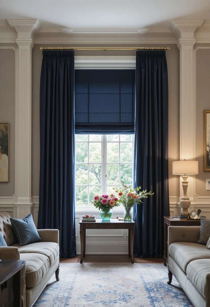 Navy Roman blind with matching full-length curtain panels in a tailored sophisticated living room