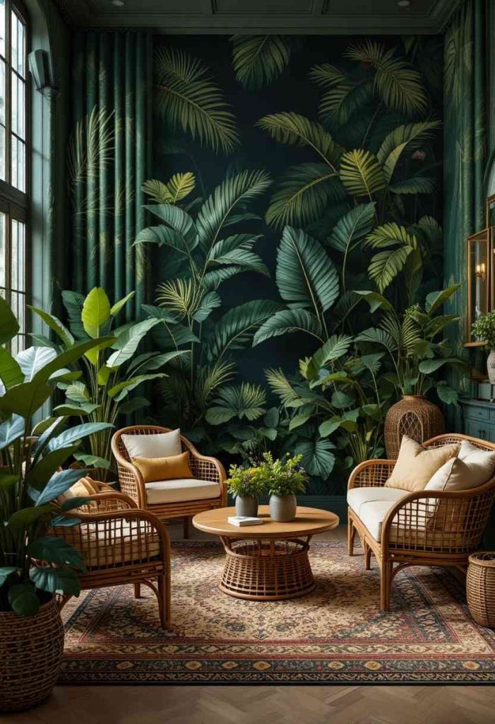 Floor-to-ceiling tropical botanical print curtains on forest green background in a maximalist living room with monstera plants