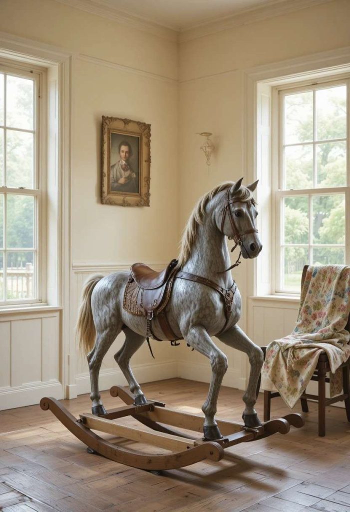 Magnificent antique dapple grey rocking horse with horsehair mane near a window in a warm vintage kids room