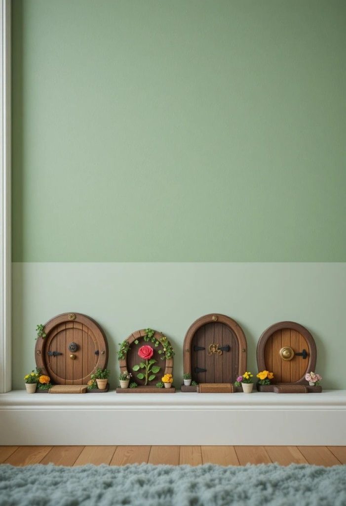 Collection of tiny wooden fairy doors with miniature accessories along the baseboard of a whimsical kids room wall
