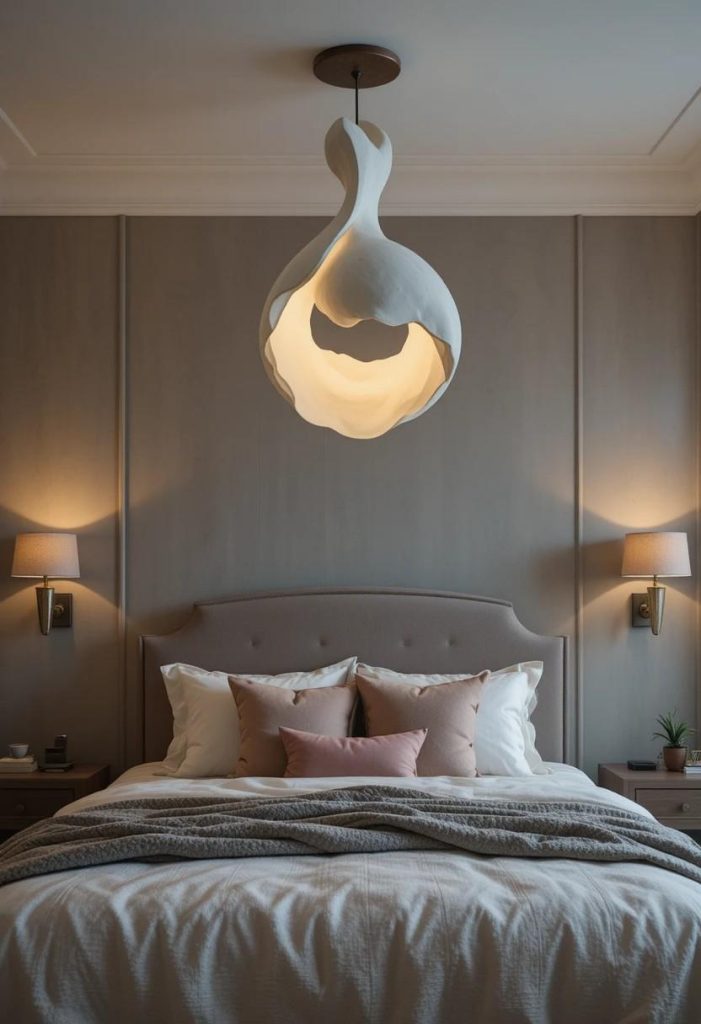 Sculptural plaster pendant light glowing warmly above a bed in a taupe bedroom