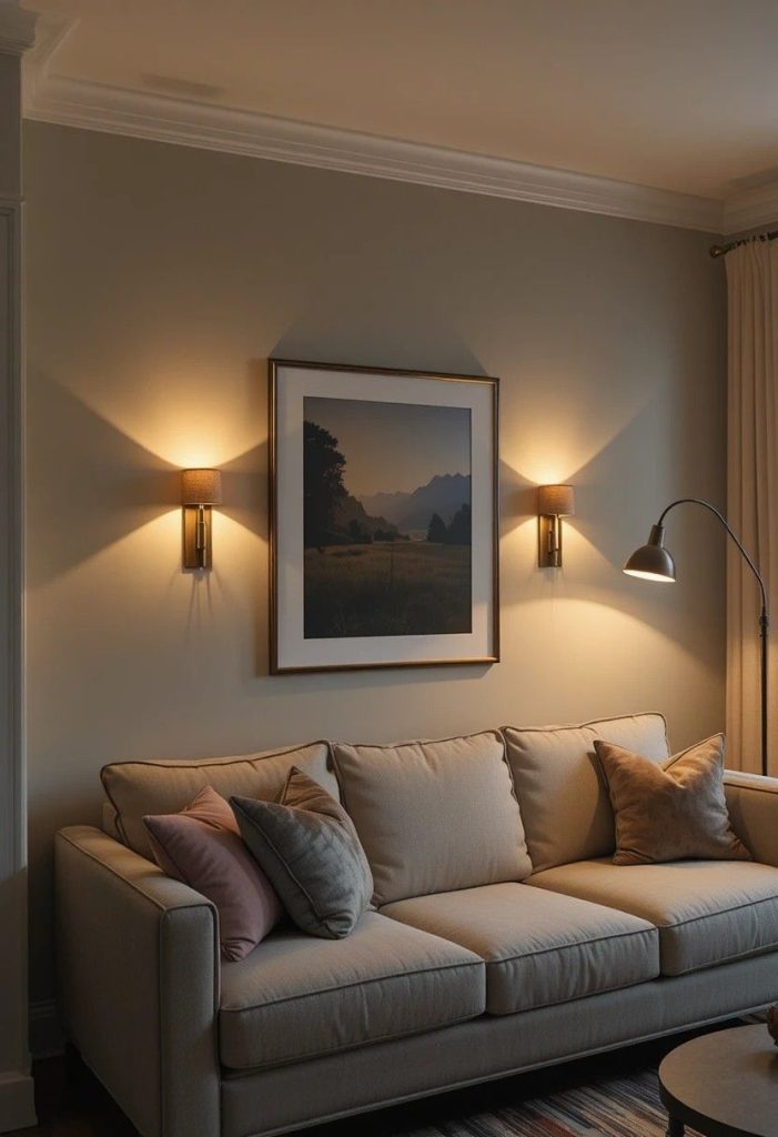Brass plug-in wall sconces glowing warmly above beige sofa in a cozy small evening living room.