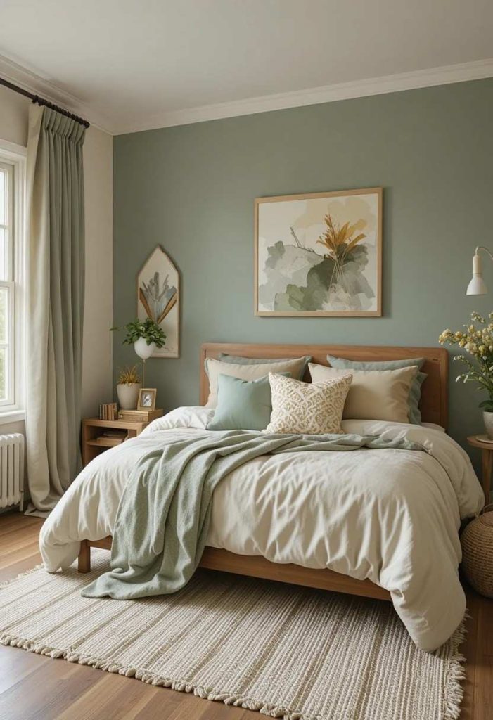 Cream sage and caramel wood three-color cohesive palette in cozy small college bedroom