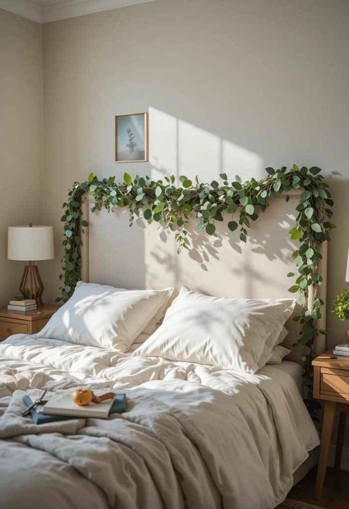 Faux eucalyptus garland on headboard in aesthetic budget college bedroom