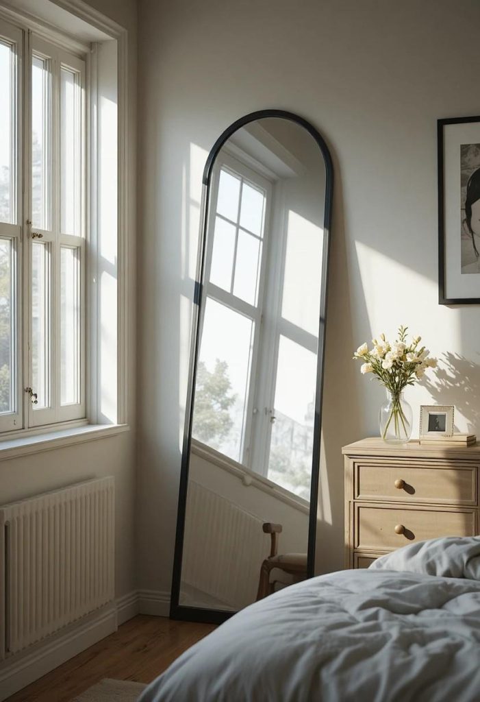 Tall leaning full-length arched mirror in college apartment bedroom