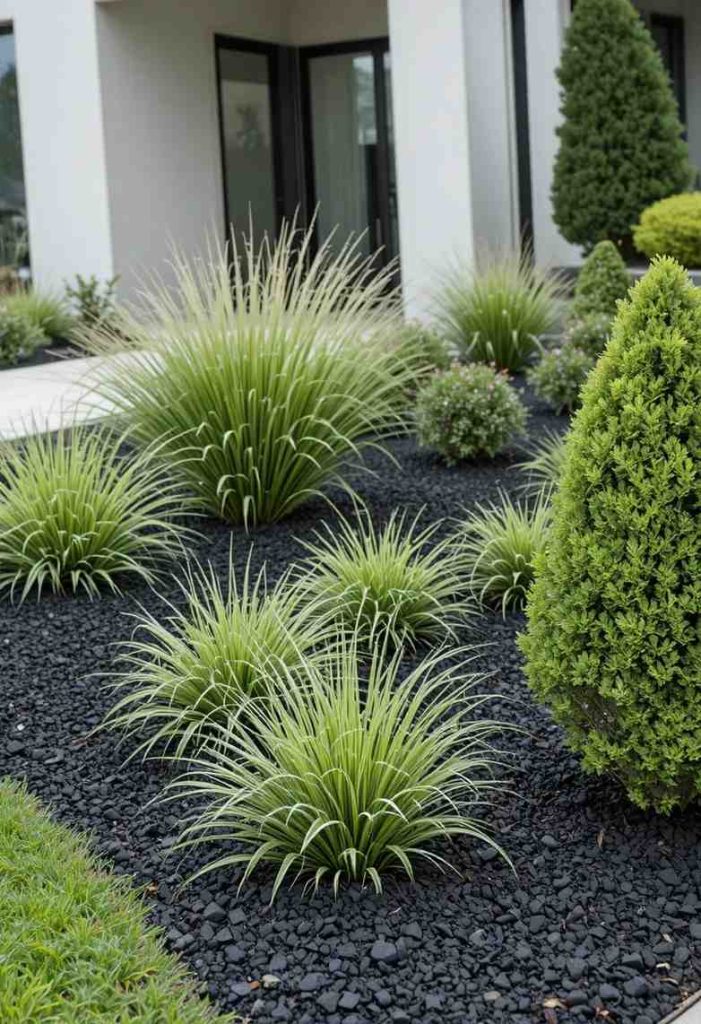 Modern front yard beds with uniform dark mulch making green foliage pop