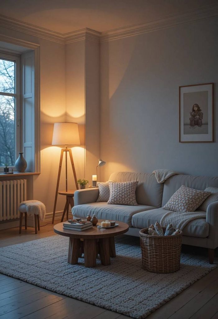Scandinavian living room lit by multiple warm lamps at different heights creating a cozy evening atmosphere.