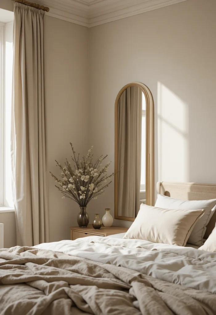 Arched bedroom mirror with soft curves adding elegance and height to a warm neutral room.