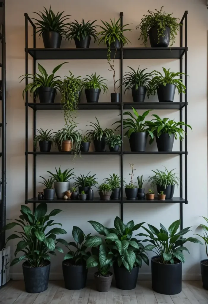 black metal plant shelves with moody greenery decor