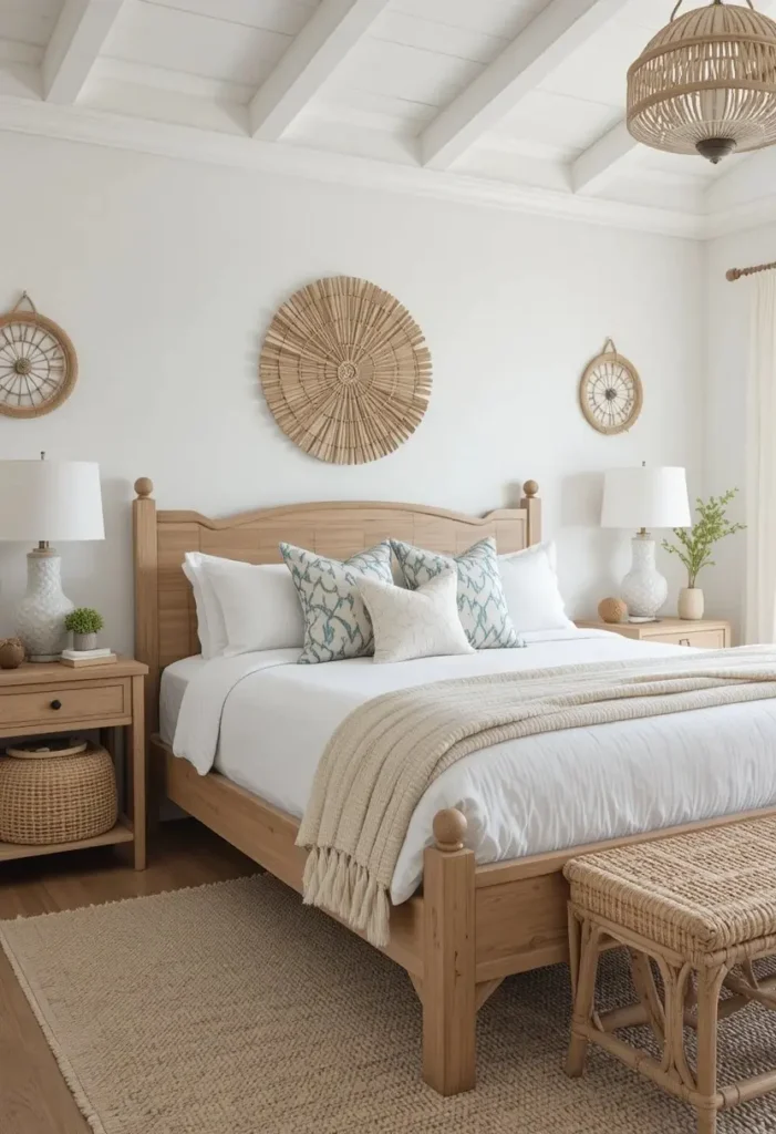 Natural wood furniture inside a beach-inspired bedroom