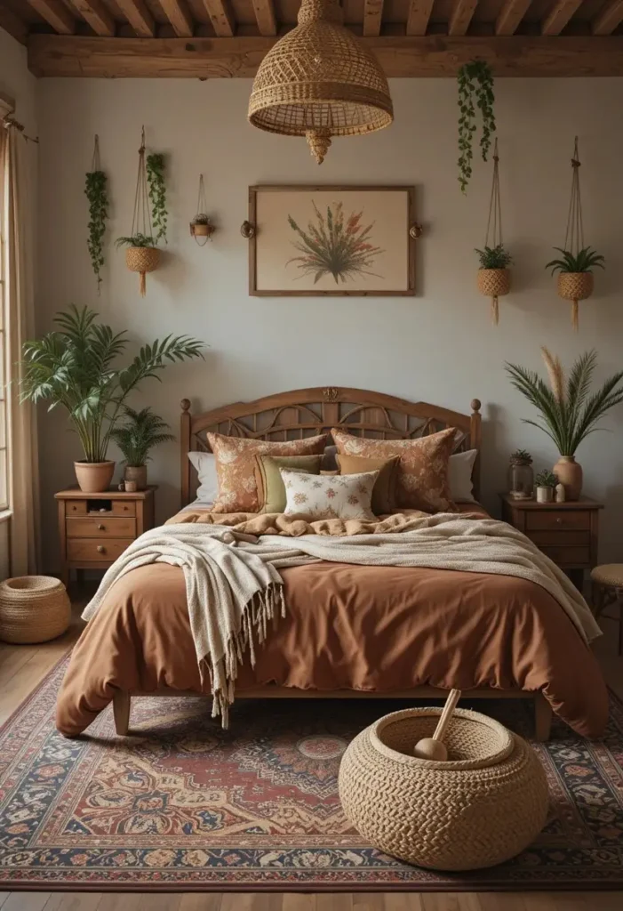 Boho green and orange bedroom with layered earthy textures