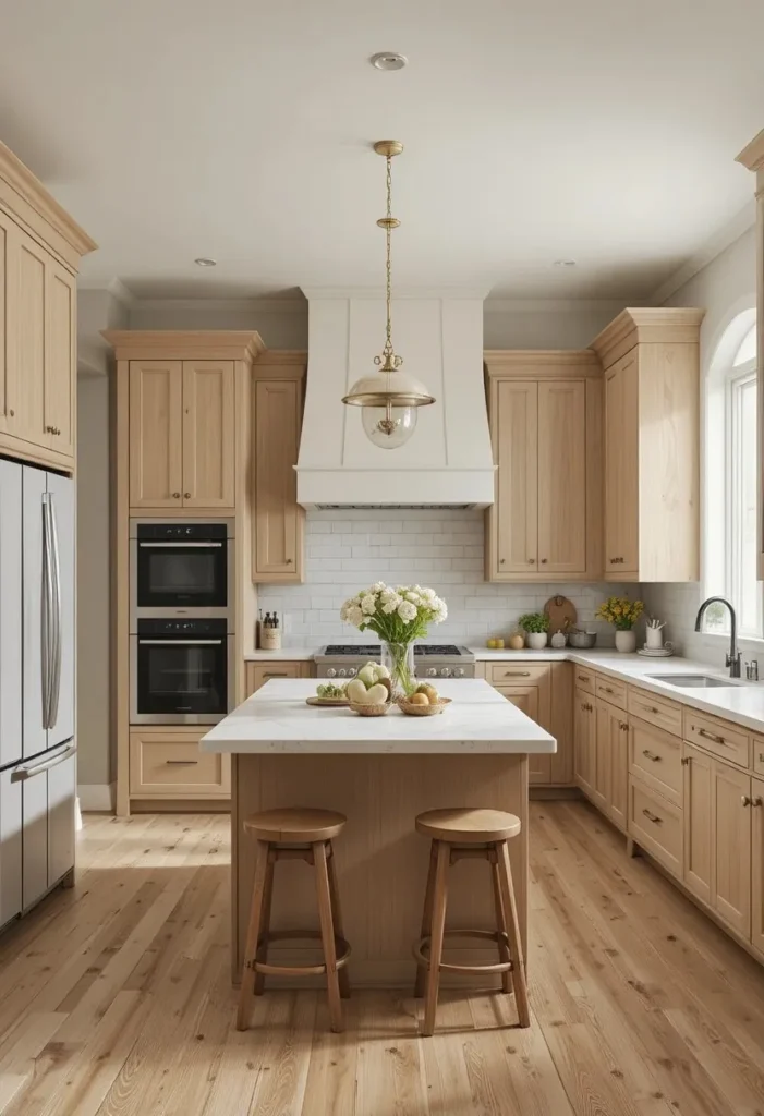 Warm wood and beige U shaped kitchen with cozy modern island design.