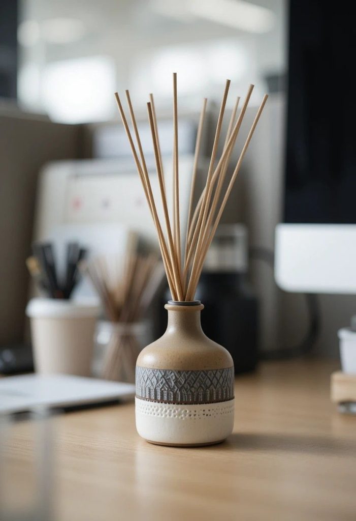 Small ceramic reed diffuser with thin reeds sitting on a cubicle desk beside other workplace accessories