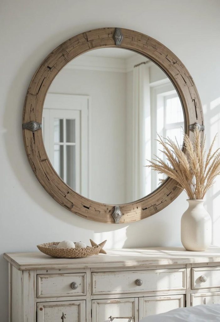 Large round driftwood-framed mirror hanging above a whitewashed dresser in a coastal bedroom.