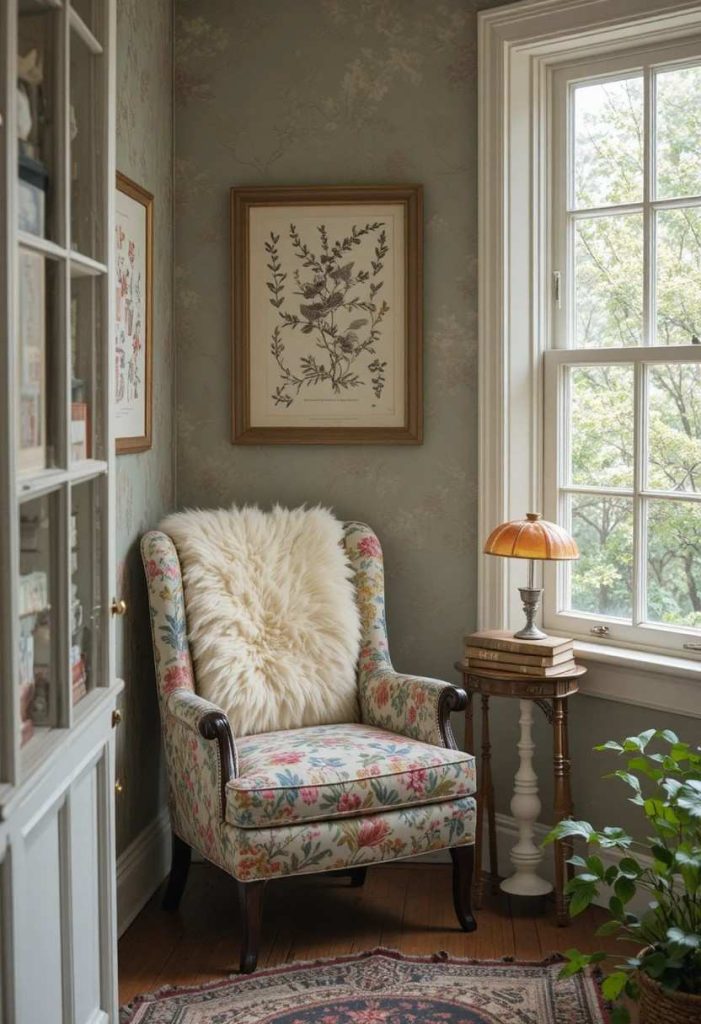 Whimsical window reading nook with a floral armchair, sheepskin throw, bobbin side table, and mushroom lamp.