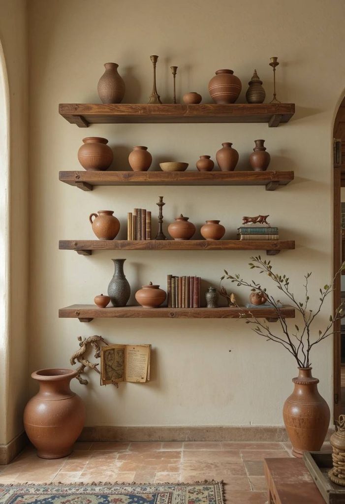 Reclaimed wood open shelves styled with terracotta pottery, antique books, brass candlesticks, and an olive branch in a Tuscan living room.

15. A Single Oversized Piece of Aged Wall Ar