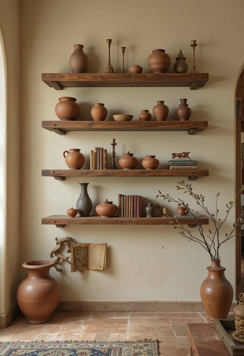 Reclaimed wood open shelves styled with terracotta pottery, antique books, brass candlesticks, and an olive branch in a Tuscan living room.
15. A Single Oversized Piece of Aged Wall Ar