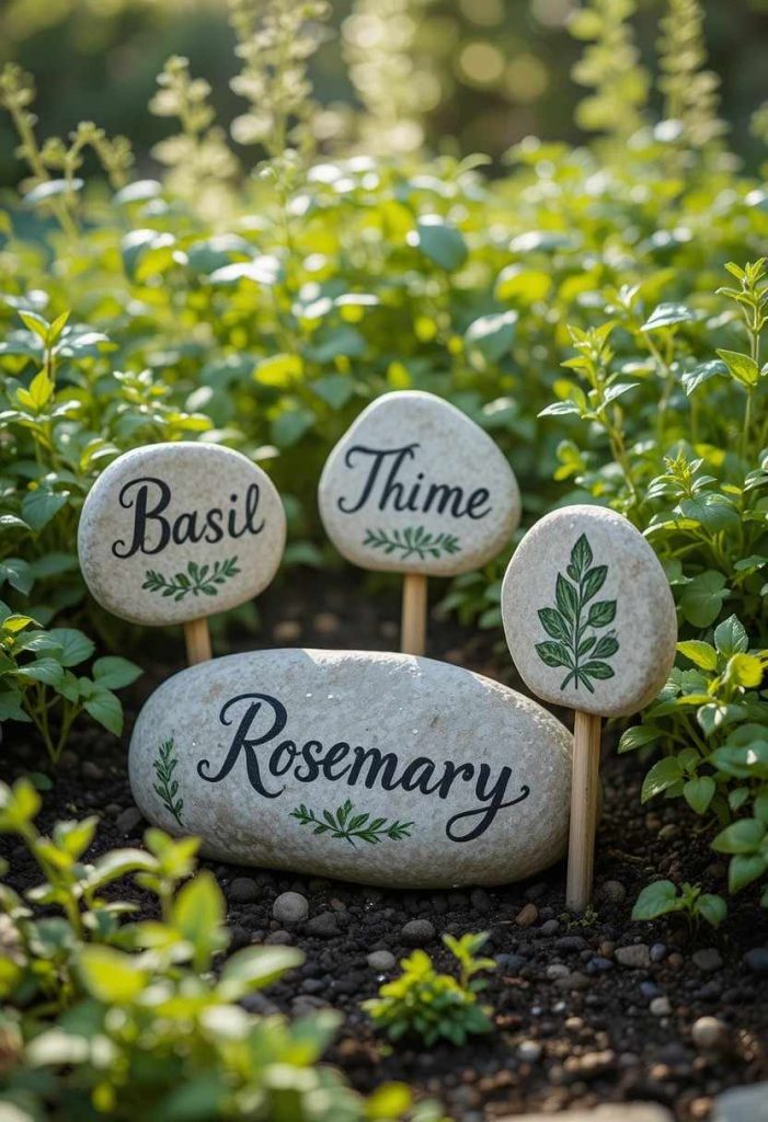 Hand-painted river stone plant markers labeled basil thyme and rosemary in a fresh herb garden bed