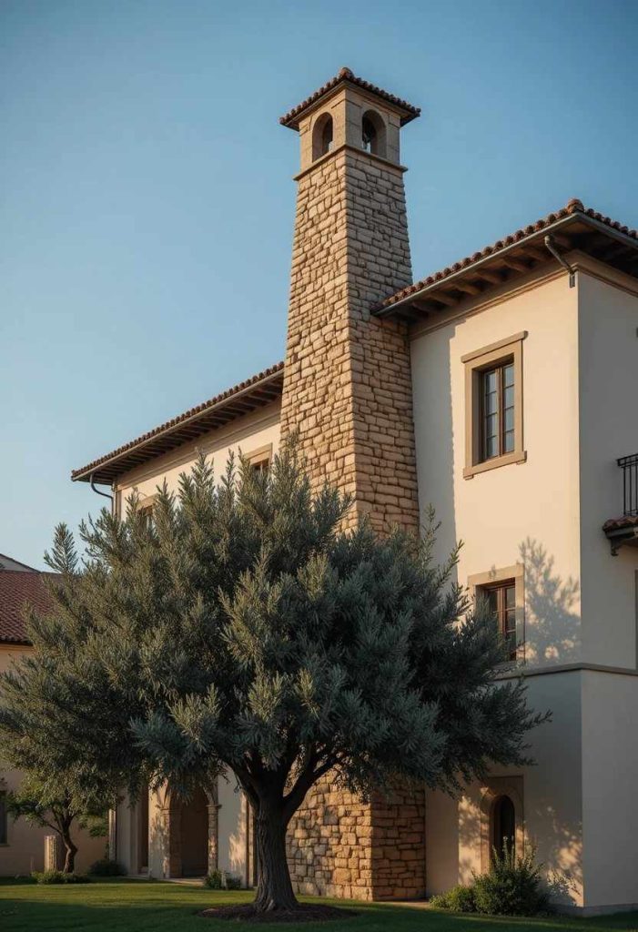 Massive hand-stacked limestone chimney rising above a terracotta tile roof on a Tuscan villa with cream stucco walls and an olive tree.