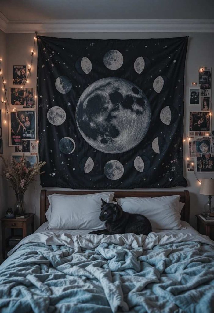 Dark tapestry hung on a wall layered with grunge posters, photos, and dried flowers