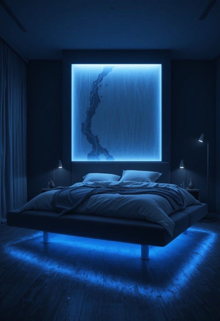 Floating platform bed with blue LED underglow making it appear to hover in an aquatic bedroom