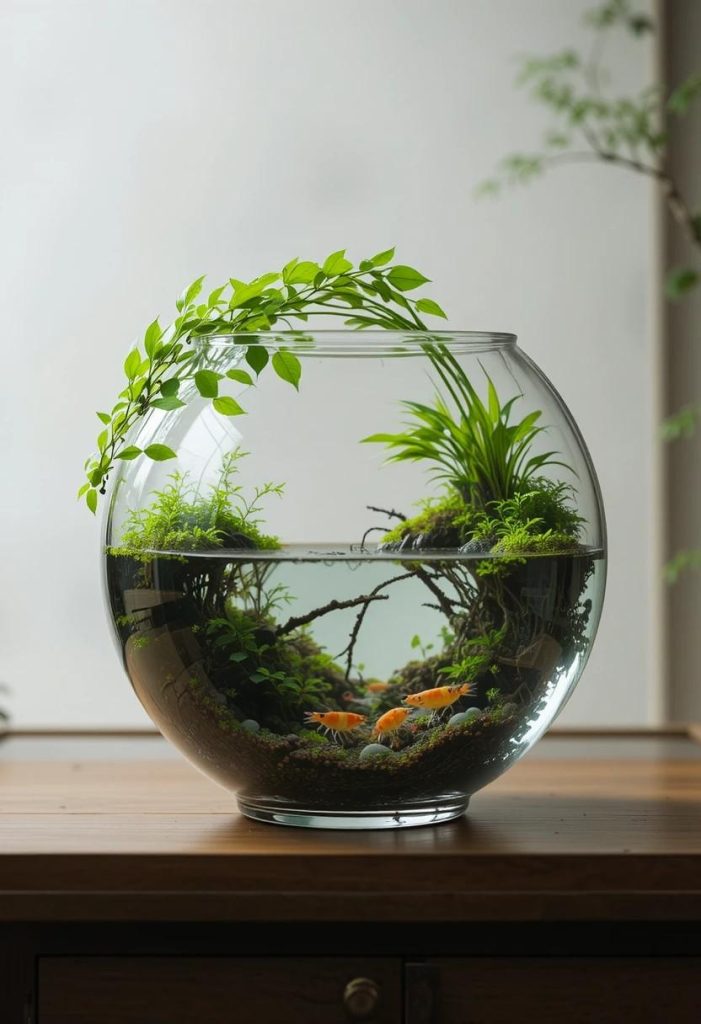 Open top glass bowl wabi-kusa with aquatic plants growing above the water line and shrimp below