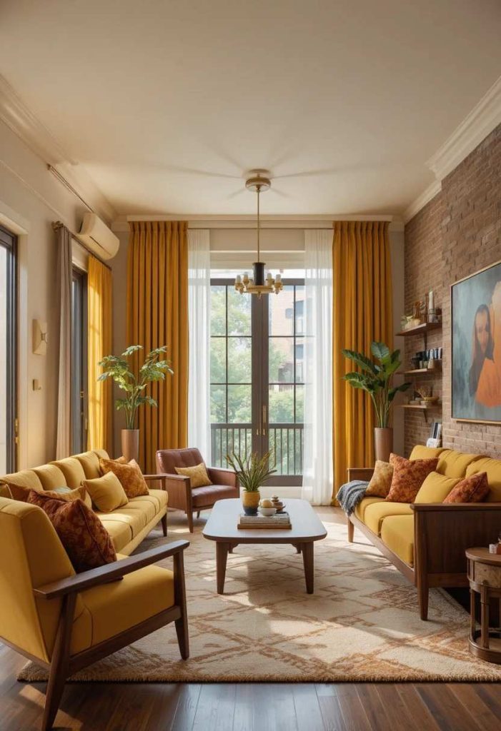 Mustard yellow velvet curtains in a mid-century modern living room with walnut furniture and exposed brick