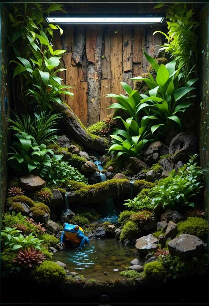 Bioactive paludarium designed for dart frogs with live plants moss and naturalistic background