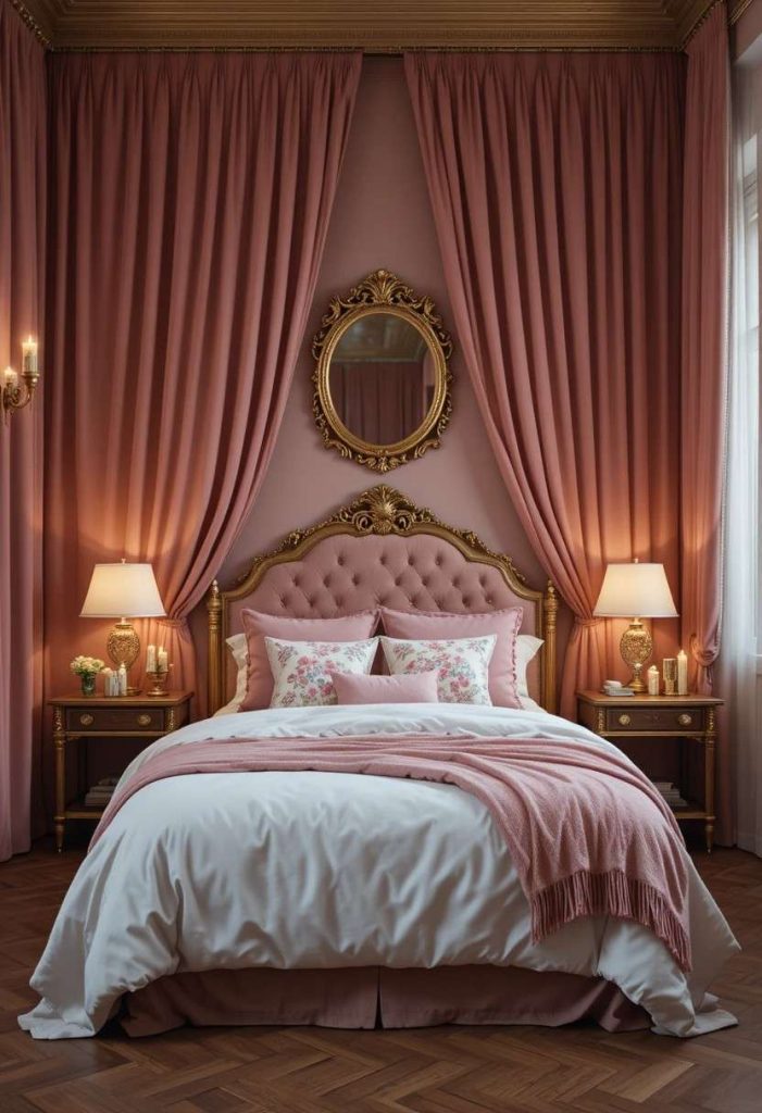 Floor-to-ceiling dusty rose velvet curtains in a romantic feminine bedroom with gold mirror and white and blush bedding