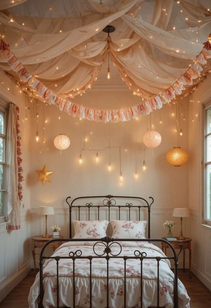 Vintage kids room ceiling with hand-sewn floral bunting, Edison string lights and paper star lanterns creating a magical atmosphere