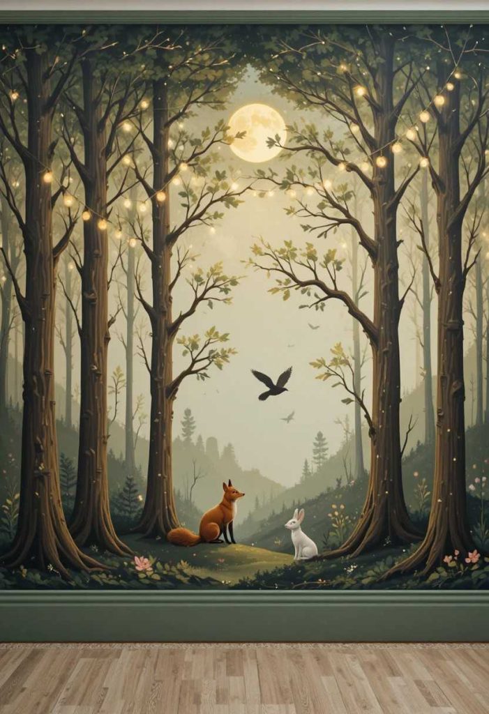 DIY hand-painted woodland mural with tree trunks, moon, woodland animals and fairy lights in a magical whimsical kids room
