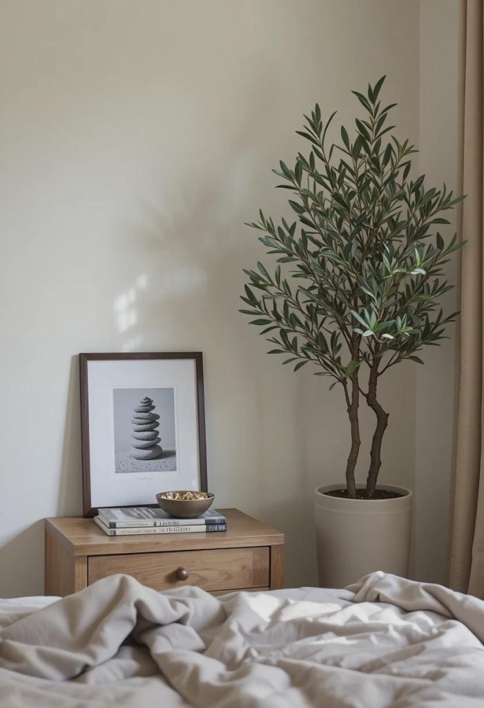 Taupe bedroom corner styled with an olive tree, stacked books, and personal objects
