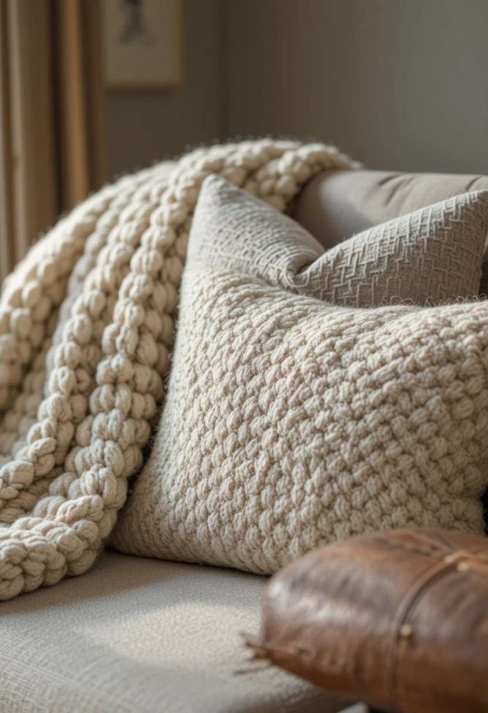 Layered cream knit throw, boucle pillow, and linen cushions on a neutral sofa for textured decor.