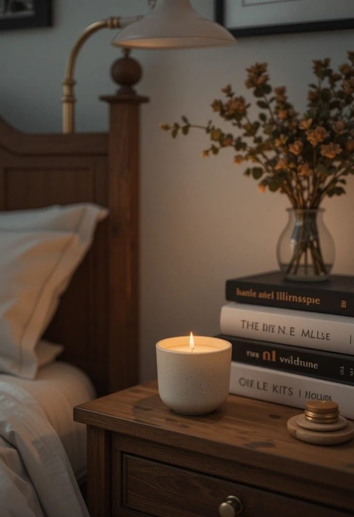 Small soy candle on styled nightstand creating cozy atmosphere in small college bedroom