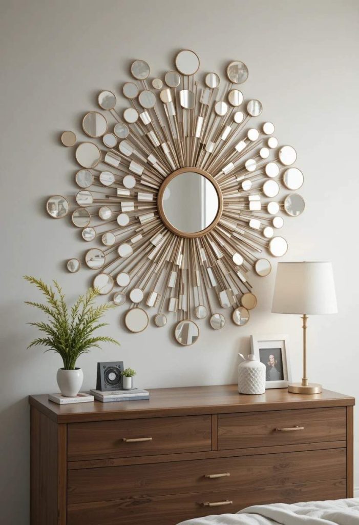 Geometric stick-on mirror arrangement on wall in aesthetic budget college bedroom