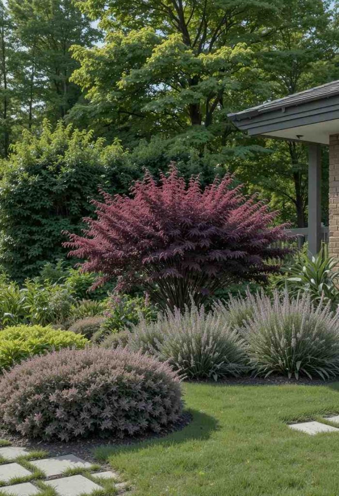 Minimalist front yard using deep purple smoke bush as a single repeated accent color