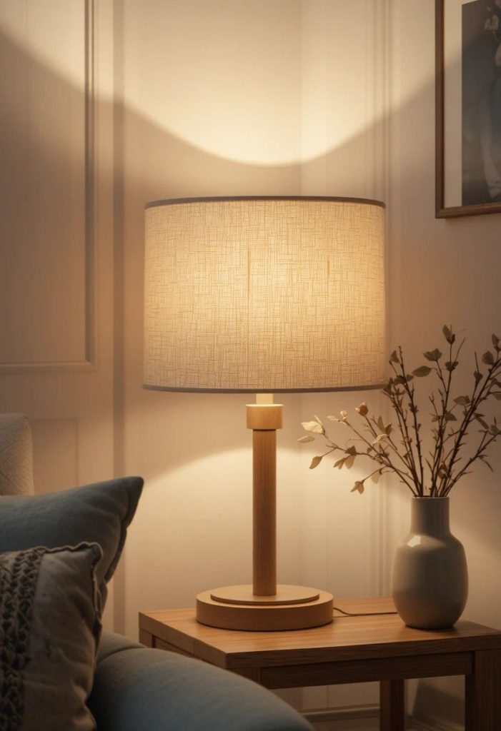 Linen drum shade table lamp glowing with warm 2700K bulb light in a Scandinavian living room corner.