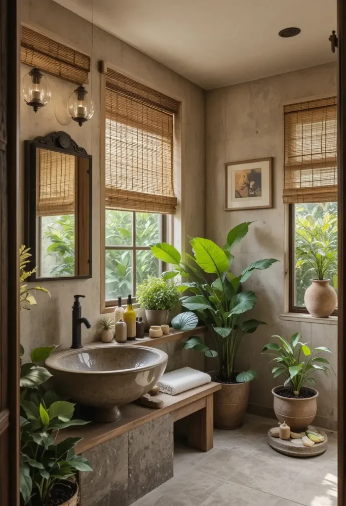 Bamboo bathroom shades adding natural texture and warmth to the space.