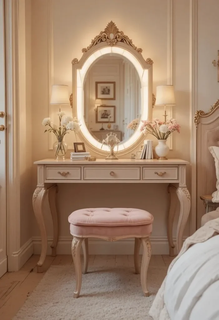 Dressing table with velvet seating in a cozy bedroom